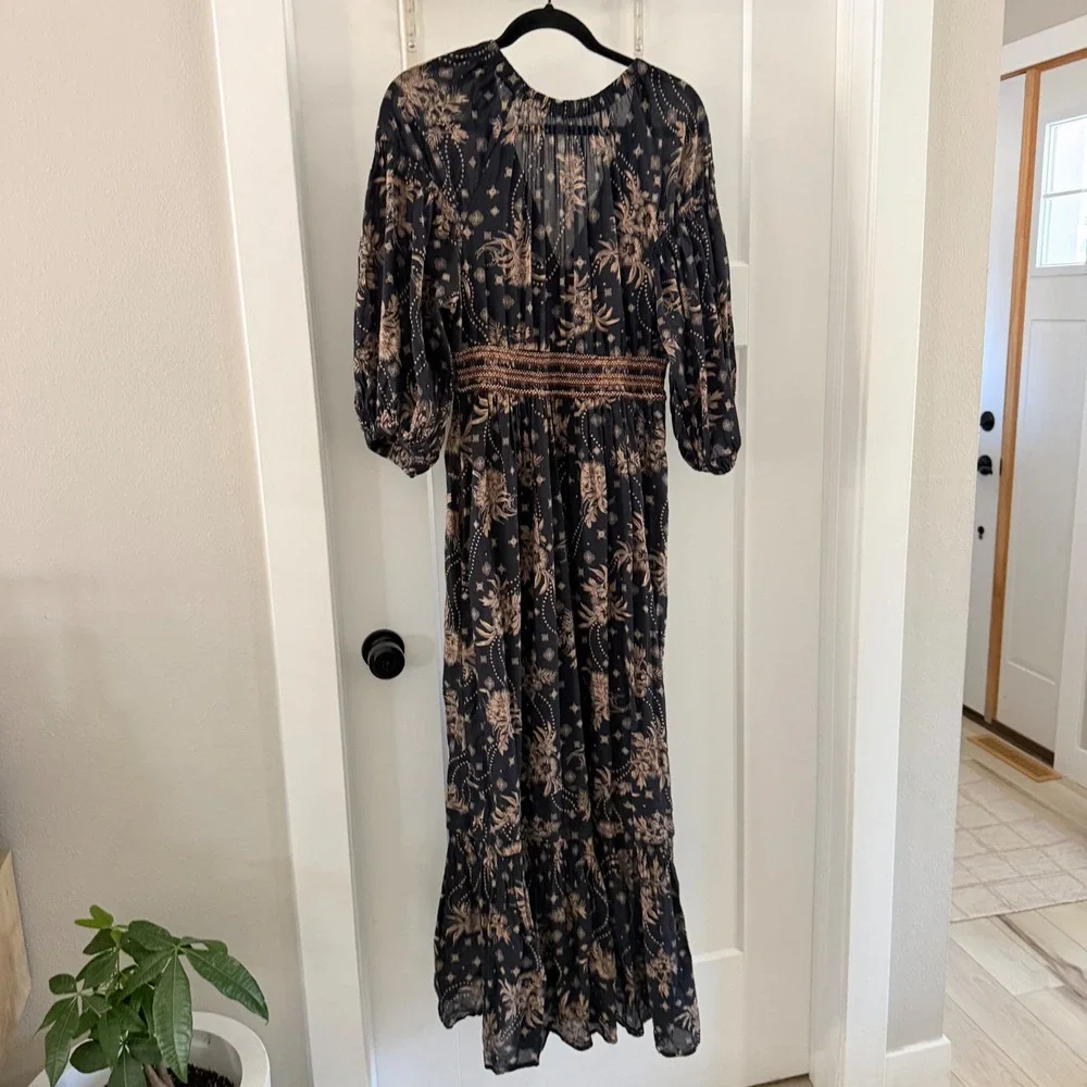 Black and Beige Floral Maxi Dress - Women